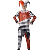 Disfraz Payaso Arlequín Circo Hombre Halloween Carnaval Adulto Mono Satén con Gorro Rojo Negro Cuadros Rayas Terror Divertido (Mono rojo negro con gorro, L)