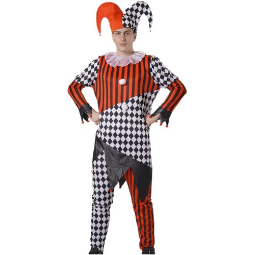 Disfraz Payaso Arlequín Circo Hombre Halloween Carnaval Adulto Mono Satén con Gorro Rojo Negro Cuadros Rayas Terror Divertido (Mono rojo negro con gorro, XL)
