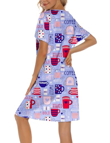 Image of ENJOYNIGHT Womens Cotton Nightgown Short Sleeve Sleepshirt Print Nightshirt | Short-Sleeve Crew Neck, Soft Cotton Fabric, Cartoon Printed Sleep Shirt, Loose Fit
