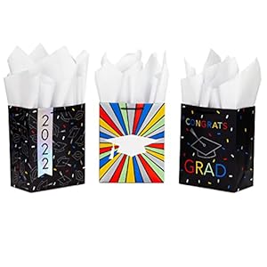 Hallmark 9″ Medium Graduation Gift Bags with Tissue Paper (3 Bags: Holographic 2022, Rainbow Mortarboard, “Congrats, Grad”) for High School, College, Law School Graduates
