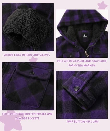 Image of V VALANCH Boys Flannel Jacket Hooded Fleece Lined Zip-up Hoodies Plaid Coat for Kids