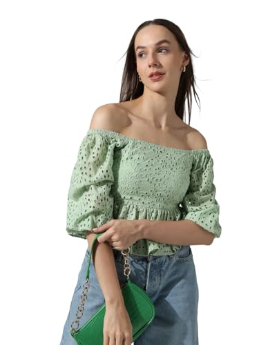 Image of ONLY Self Design Schiffli Square Neck Puff Sleeves Smocked Pure Cotton Top