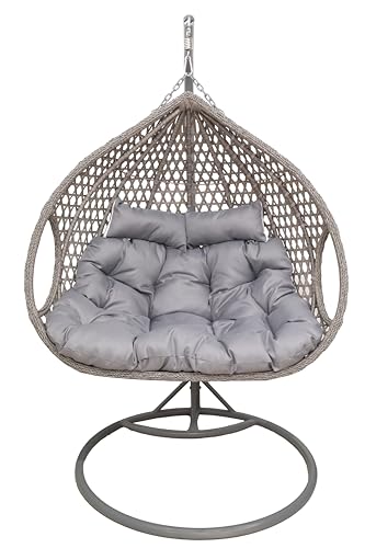 2mGoods Hängesessel mit Gestell für 2 Personen Grau, Korbhängesessel Outdoor & Indoor, Hängekorb Sessel Outdoor Garten, inkl. Gestell mit XXL küchrligen Rückenkissen, Polyrattan Hängestuhl 2 Personen