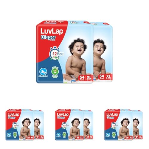 Image of LuvLap Baby Diaper Pants XL Size (Extra Large), with Aloe Vera Lotion for rash protection, 108 Count (54x2), with upto 12Hr protection For babies of 12 to 17Kg, Jumbo pack, (54 Count, Pack of 8)