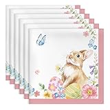 Arquiel Easter Bunny Eggs Napkins, 18×18 inch Spring Flower Dinner Cloth Napkins Set of 6, Washable Cotton Soft Absorbent Square Table Top Decoration for Dining Kitchen Party Wedding