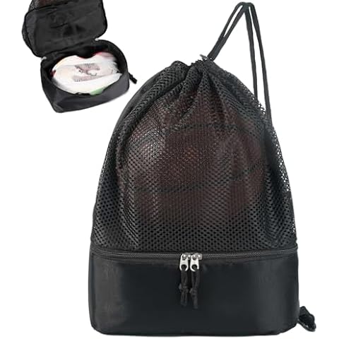 Basketball Bag with Zipper Shoes Compartment Portable Drawstring Mesh Single Soccer Ball Bag Lightweight & Breathable Multiple-Sports Equipment Shoulder Bag Fit Volleyball Football Swim Gear Cover