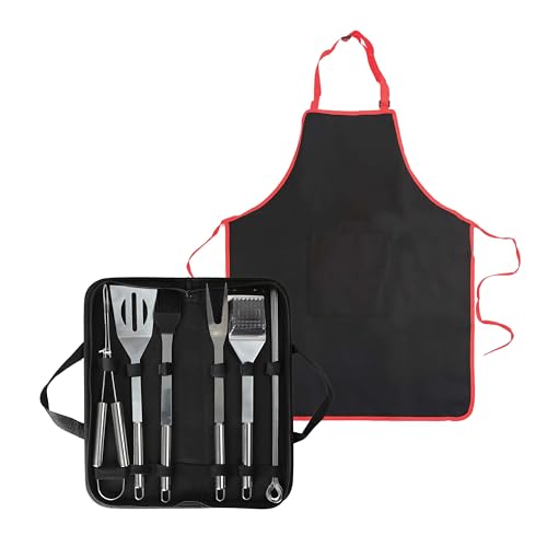 1ABOVE 12 Piece Stainless Steel BBQ Tool Set with Apron and Carry Case, Barbecue Utensils Kit with Tongs, Turner, Fork, Cleaning Brush, Basting Brush and 6 Skewers