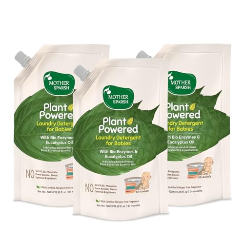 Mother Sparsh Baby Laundry Liquid Detergent (Powered by Plants) with Bio - Enzymes and Eucalyptus Oil, Refill Pack (500ml X 3)