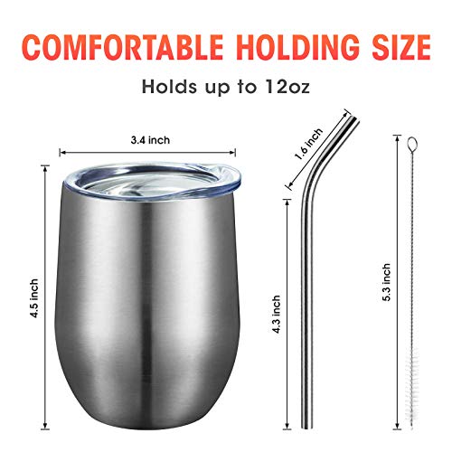 Comooo 12Oz Insulated Wine Tumbler With Lid, Stainless Steel Stemless Wine Tumbler Glass,Double Wall Vacuum Wine Tumbler Cups With Straw For Gift Coffee, Cocktails,Beer,Champaign Silver, 8 Pack #TOP2