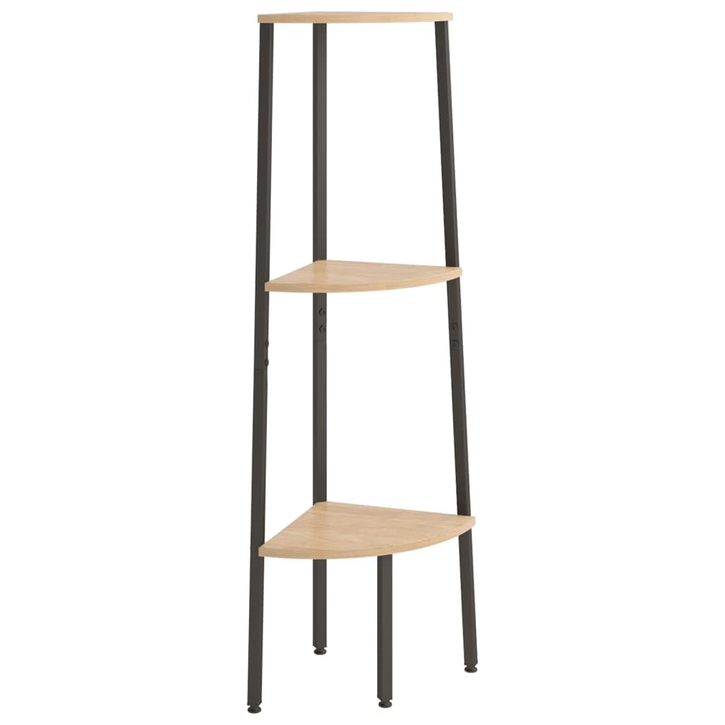 Eckregal mit 3 Ablagen Standregal für Wohnzimmer Büro Flur, Bücherregal aus Holzwerkstoff und Stahl, schmales Nischenregal Hellbraun Schwarz, 45,5 x 31,5 x 120 cm