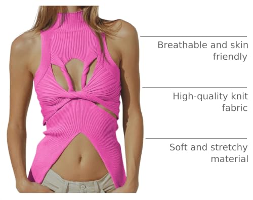 Image of Women Strapless Crop Top Sexy Hollow Out Twist Front Knitted Tank Tops Sleeveless Y2K High Neck Cut Out Sweater Vest