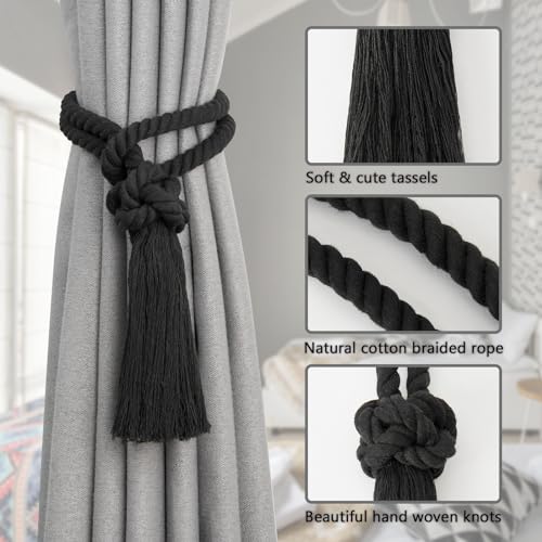 Pretty Jolly 2 Pack Natural Cotton Rope Tassel Curtain Tiebacks Boho Home Decor Drape Tie Backs Hand Woven Ball Curtain Holdbacks for Thin & Thick Home & Office Window Draperies (Black) - Image 3
