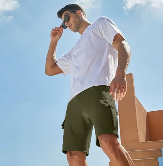 Image of Q - RIOUS Mens Casual Sweat Cargo Cotton Shorts Drawstring Elastic Waist Athletic Workout Gym Jogger Shorts with 5 Pockets