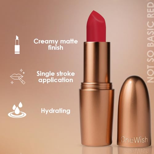 Image of One Wish Creamy Matte Lipstick - Not So Basic Red 28 | Long Lasting | Full Coverage | Smooth Finish | 3.8g