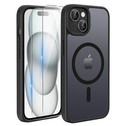 TQIAHF Magnetica Cover per iPhone 15 con 2 Pellicola Vetro Temperato Protezione Schermo Compatibile con Magsafe Case Militare Antiurto Sottile Opaca Telefono Custodia per iPhone 15,Nero