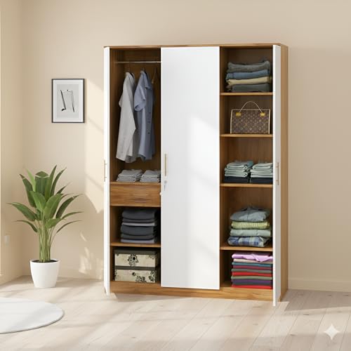 Image of Callas 3 Door Wooden Wardrobe for Bedroom | Engineered Wood Almirah with Hanging Rod, Lockable Door & Drawer |1 Year Warranty with Free Installation
