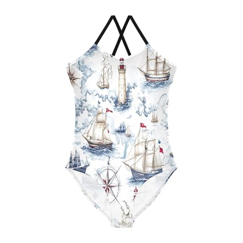 Vozoza Sea Map Nautical Baby Girl Swimsuit Kids One Piece Bathing Suits Swim Clothes for 4 Year Old Girl Multicolor