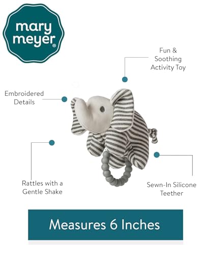 Image of Mary Meyer Soft Baby Rattle with Soothing Teether Ring, 6-Inches, Afrique Elephant