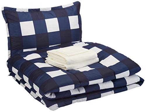 Amazon Basics 6-Piece Ultra-Soft Microfiber Bed-In-A-Bag Comforter Bedding Set - Twin/Twin XL, Navy Oversized Gingham