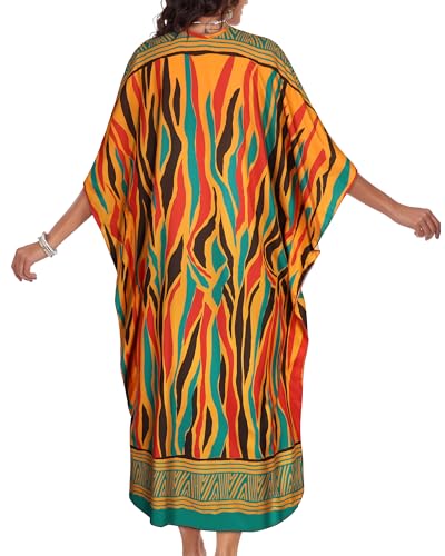 Image of JILUVIN Kaftan Dresses for Women Plus Size V Neck Caftans Long Batwing Sleeve Beach Cover Ups Summer Floral Print Dress 2026 (Green Red Stripes,One Size)