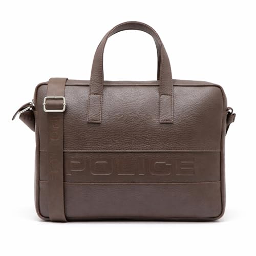 Image of Police 14 Inch Laptop Briefcase for Men | Premium Textured Leather Office Bag with Padded Laptop Compartment | Branded Adjustable Shoulder Strap | Professional Business Messenger Bag | Brown