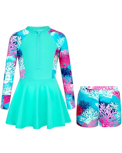 Image of HOZIY Girls Long Sleeve Swimsuit Two Piece Rash Guard Dress with Swim Shorts Front Zip for Kids Tween Teens UPF 50+
