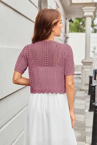 Image of Kate Kasin Women Crochet Shrug Knit Sweater, Short Sleeve Cropped Cardigan | Tie Front Tops Light Weight, Knit Cover Up Arm Bolero For Evening Dresses Dressy Casual, Ladies Eyelet Shawl Thin Formal