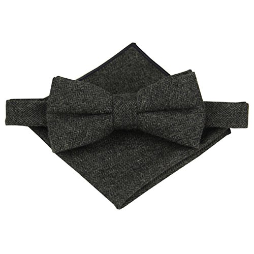 Mens Charm Wool Herringbone Bowtie with Matching Pocket Square Set (Charcoal)