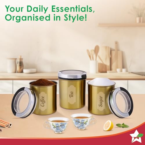 Image of Wonderchef Ambrosia Kitchen Organiser 3 Pc. Set with See-through Lid for Kitchen /Dining Table, Store Tea Coffee Sugar, Airtight Transparent Lid with Silicone Lock Mechanism, 1-Yr Warranty, Gold Finish