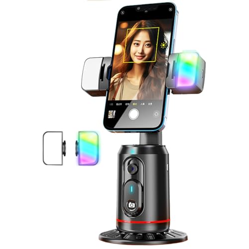 SRIKEKL Trípode de seguimiento facial automático, soporte giratorio de 360°, sin aplicación, control de gestos, soporte de cámara de disparo inteligente con luz selfie y control remoto para