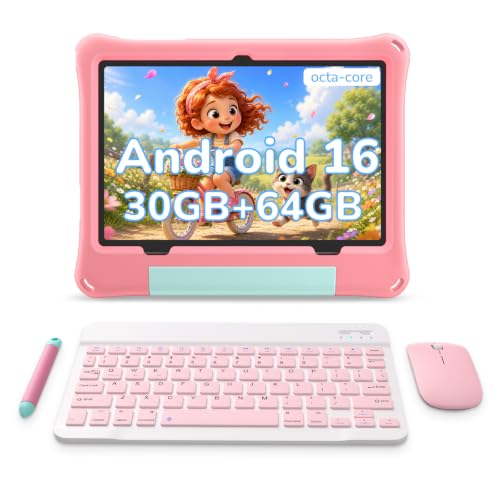 Image of Kids Tablet, Android 16 Tablet for Kids 10 inch with Keyboard, Mouse, EVA Case Pen (Pink) 30GB RAM 64GB ROM 1TB TF Card Expandable for Toddler Children, Parental Control, Dual Camera, WiFi, Gift
