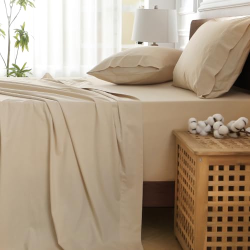 HYPREST Deep Pocket Queen Sheets Beige-100% Cotton Sheet Sets Fits 18"-24" in Deep Mattress, Hotel Luxury Soft Wrinkle Free Cooling Sheet Sets for Queen Bed Deep Pocket