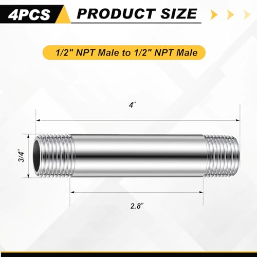 Image of 4 Pcs 304 Stainless Steel 1 /2 NPT Pipe Nipple 4 inch Length
