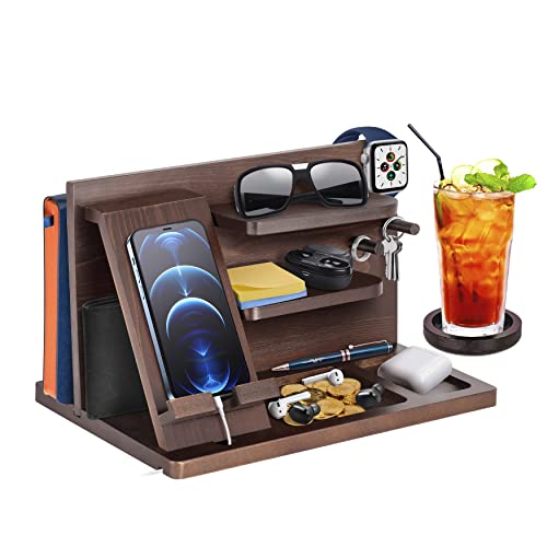 Geschenke für Männer Weihnachten Holz Telefon Dockingstation Uhren Geldbörsen Nachttisch Organizer Geburtstag Geschenk Papa, Geburtstagsgeschenke für Männer oder Vater Schreibtisch Organizer Holz
