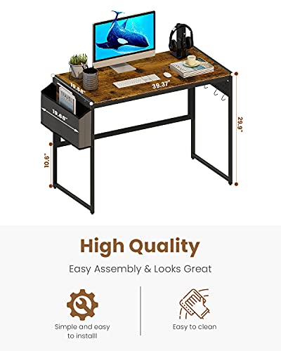 Image of Small Computer Desk for Small Spaces with Storage Bag 4 Hanging Hooks, 39.4x19.7x29.9 inches Modern Rustic Desk Wooden Tabletop and Metal Leg Writing Table for Student Office PC Gaming Sewing Table