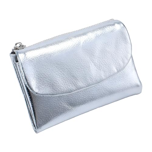 Unisex Pebble Leather Wallet, Slim Genuine Leather Coin Purse Small Zipper Card Holder RFID Mini Wallet (Silver)
