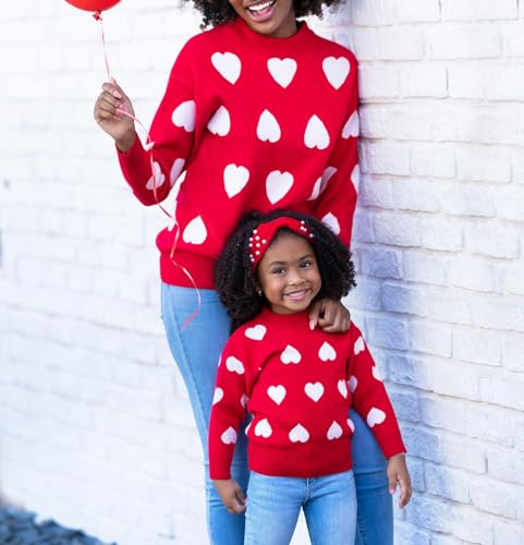 Image of Mommy and Me Matching Sweaters Outfits Heart Graphic Sweater Family Matching Clothes Long Sleeve Pullover Tops