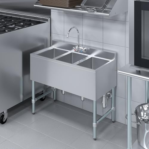 Image of AmGood 3 Compartment Under Bar Sink With Faucet - 38 inch X 18 3 /4 inch. NSF. Commercial Three Bowl Under Bar Sink