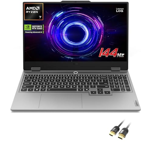 Lenovo LOQ RTX 5060 Gaming Laptop, 15.6' FHD 144Hz, AMD Ryzen 7 250, NVIDIA GeForce RTX 5060, 16GB DDR5 RAM, 1TB SSD, 5MP Camera, Ethernet, Backlit KB, PDG HDMI Cable, US Version KB, Win 11 Pro