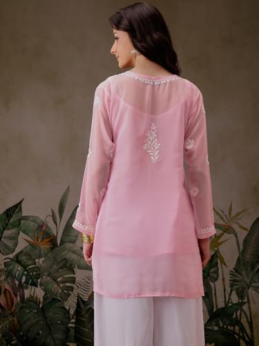 Image of Ada Women's & Girl's Georgette Hand Embroidered Lucknow Chikankari Regular Fit Short Kurti Top with Slip A911300