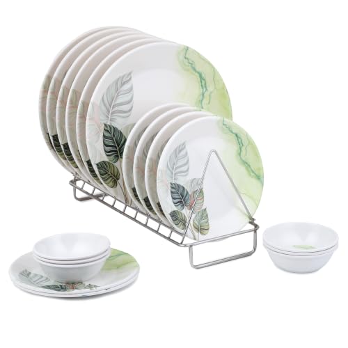 Image of Golden Fish Melamine Round Dinner Set of 18 (6 Plates + 6 Veg Bowls + 6 Half Plates) | Teal Floral Print | Unbreakable, Dishwasher & Microwave Safe