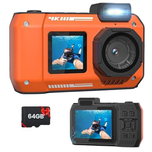 33FT Waterproof Camera 4K 65MP Underwater Camera Rugged Dustproof Shockproof with 64G Card Underwater Camera for Snorkeling Autofocus Selfie Dual-Screen Diving Sport Floatable Digital Camera