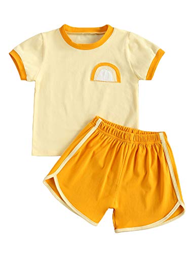 Toddler Baby Boy Girl Clothes Set Cotton Short Sleeve T-Shirt + Shorts Kids 2 Piece Summer Outfits (Rainbow Patch-Yellow, 2-3 Years)
