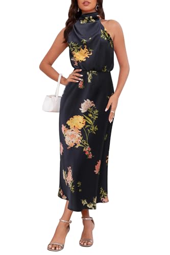 Image of Women's Satin Maxi Dress Summer Formal Wedding Guest Cocktail Dress | Mock Neck Sleeveless,Elegant Silk Midi Long Dress,High Neck,Halter,Aline,Bridesmaid,Bridal Shower Guest,Garden Party,Dinner
