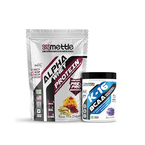Image of Getmymettle Alpha Whey Protein 907g Kesar Pista Delight, BCAA Blueberry, 250g - Premium Whey for Muscle Building, Enhanced Recovery, Digestive Enzymes