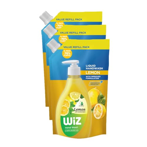 Image of Wiz Lemon Hand Wash Refill Pouch - 1L (Pack of 3) | pH Balanced | 70% Less Plastic | Zesty Lemon Freshness | Germ Protection | Gentle & Moisturizing Formula
