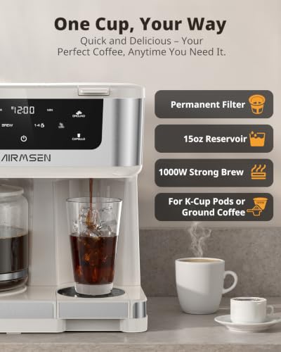 Image of AIRMSEN 12-Cup Programmable Duo Coffee Maker - Single Serve Machine for K-Cup Pods & Ground, 1000W Fast Brew, Delay Start, 2H Keep Warm, Touchscreen, 60oz Tank, Glass Carafe - Home & Office