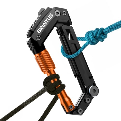 Image of Carabiner Multitool with Pocket Knives, EDC Carabiners, Serrated Knife, Rope Cutter, Screwdriver, Can Bottle Opener, Ruler, Folding Knife for Camping Hiking, Multitool Survival Gear (Orange)