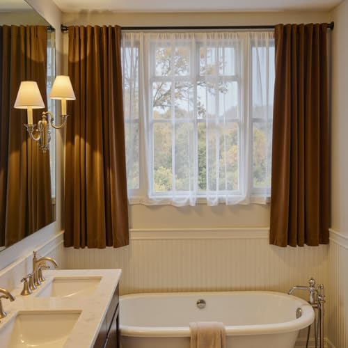 Image of Blackout Golden Brown Velvet Curtains Rod Pocket 52x72 Inch 2 Panels | Soft Velvet, For Small Windows, Kitchens & Bathrooms, Light Shifting Texture, Elegant Luxury Drape, Rich, Rod Pocket