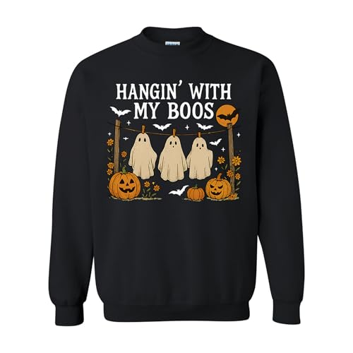 Hangin’ With My Boos Sweatshirt – Funny Ghost Halloween Pullover with Pumpkins & Bats – Unisex Fall Crewneck